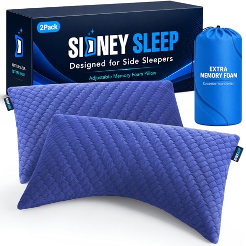 Image of Sidney Sleep Set of 2 Queen Size Bed Pillows for Side and Back Sleepers - Adjustable Filling - Memory Foam Pillows for Neck and Shoulder Pain - Customizable Loft - Extra Foam Included (Blue)
