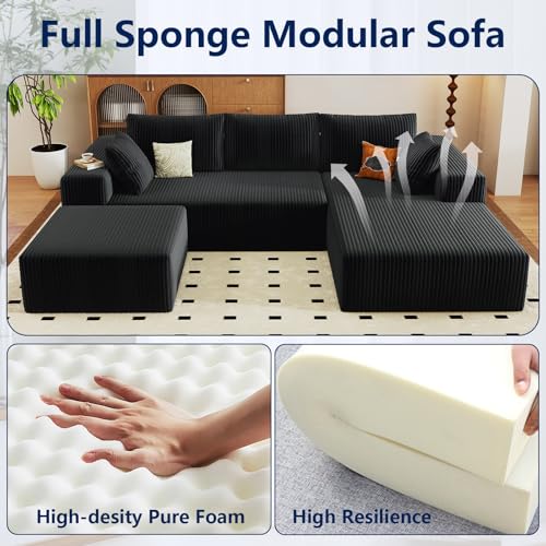 Image of 96 inch Modular Sectional Sofa with Ottoman, Modern Corduroy Cloud Couch with Deep Seat, Boneless Couch Upholstered 3-Seater U-Shaped Sofa for Living Room, No Assembly (Black, Right-Facing Chaise)