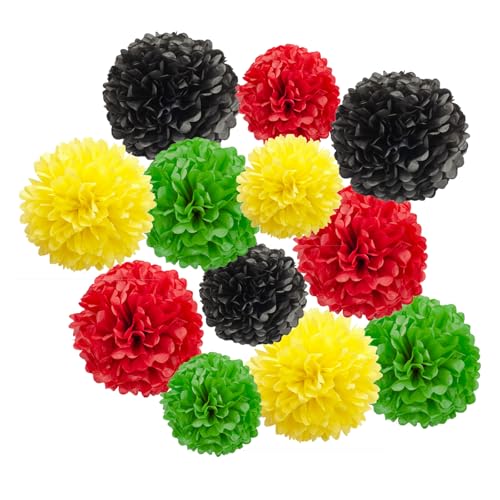 Image of Aimto 12pcs Black Red Green and Yellow Paper Pom Poms Decorations for Black History Party Decoration - 4 Colors of 12 Inch, 10 Inch