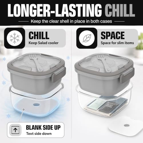 Image of Salad Container with Ice Pack & Handle, 6.8 Cup / 1600ml Large Portable Salad Bowl Lunch Box with Lid, Fork Holder & Sauce Cup, 4-Compartment Removable Tray Meal Prep Bento Box, Gray