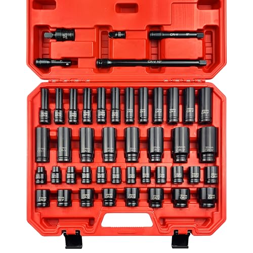 45pcs 1/2" Socket Set, Drive Deep and Shallow Impact Socket Set, Including 3 ", 5", 10" Impact Extension Bar, Universal Joint, Metric(9-32mm),6-Point,Cr-V Steel