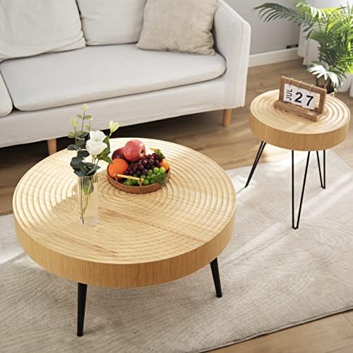HOMFAMILIA 2 Pieces Boho Round Wood Coffee Table Set, Farmhouse Circle Living Room Table Set of 2, Modern Ring Motif Natural Wood Finish Side and End Table Set for Living Room, Bedroom, Cafe, Office