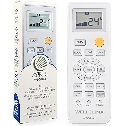 Wellclima WEC-HA1 Telecomando Condizionatori per Haier, per HEC, per Candy, più completo degli universali, pronto all’uso con Funzioni Speciali, per Climatizzatori, Inverter e Pompa di Calore