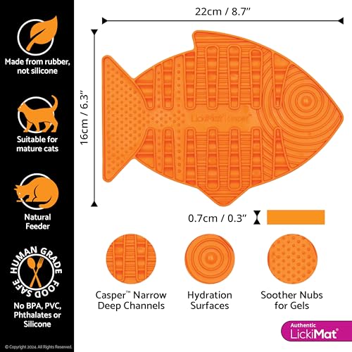 Lickimat Casper, tapete de lamber alimentadores lentos de gato em forma de peixe, redutor de ansieda