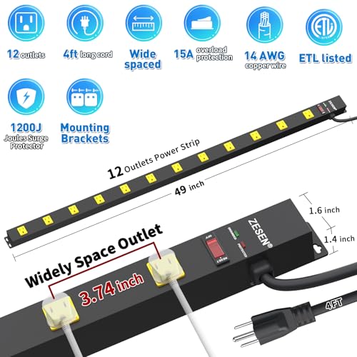 Image of 12 Outlet Long Power Strips Heavy Duty Wide-Spaced Outlets Industrial Power Strip Surge Protector with 4ft Cord for Garage Workshop Office Home, ETL Certified, 1875W, Black