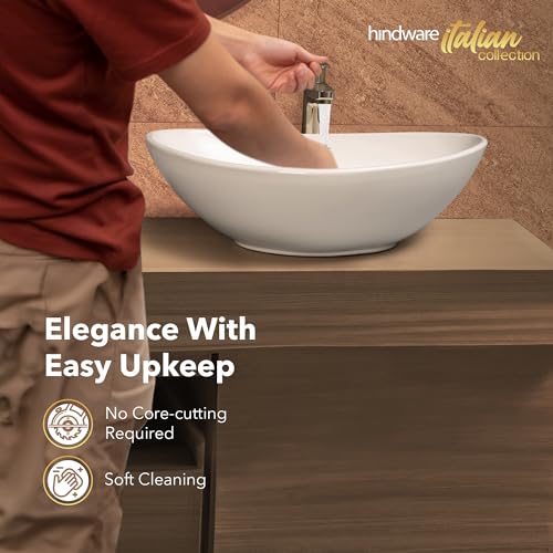 Image of Hindware Italian Collection Essence Table Top Wash Basin for Bathroom | Made of Ceramic | Star White | Oval Shape | Over the Counter Basin