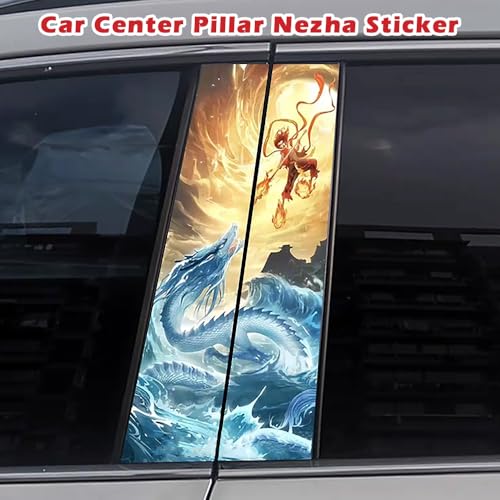 Image of Blueshyhall 2PCS Car B-Pillar Vinyl Decals, Ne Zha Mo Tong Nao Hai Personalized Vehicle Door Pillar Sticker, Waterproof Sun Protection Scratch Cover