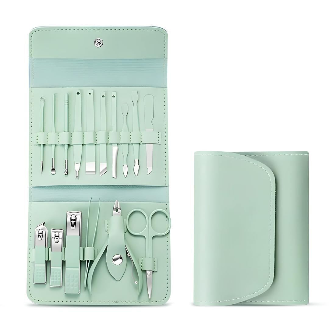 Item Name: Item Name: VANKCC 16 in 1 Manicure Pedicure Kit | Professional Nail Care Grooming Set with Clippers, Scissors, Cuticle Tools & Callus Removers | Stainless Steel Travel Case Kit-Green-image-0