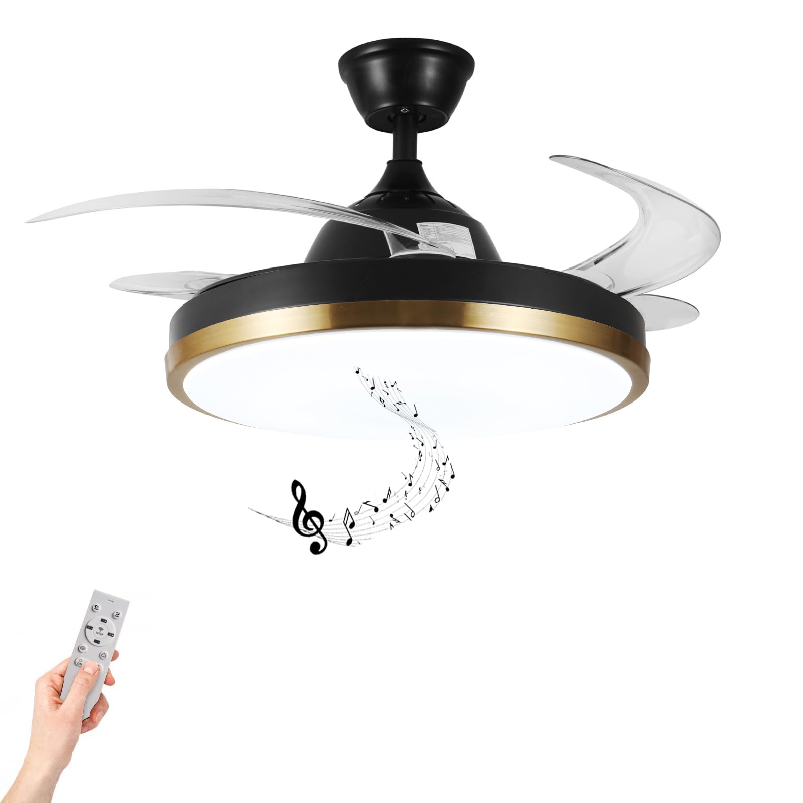 Ventilatore a soffitto retrattile intelligente luci e altoparlante Bluetooth, ventilatore illuminato da 24W con controllo tramite app Alexa e Google - Nero e oro