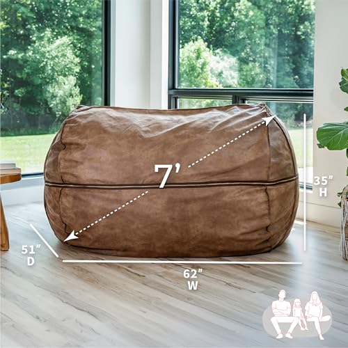 Image of Big Joe Fuf 7Ft Giant Foam Bean Bag Chair, Oversized Couch with Removable Cover for Kids, Teens, Adults, Coffee Soft Vegan Leather, 7 Foot | Premium Shredded Foam Filled, Soft Vegan Leather, Adult-Sized Comfortable Seating, Supports Up to 300 lbs