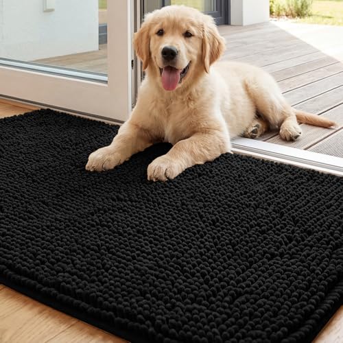 Image of H.VERSAILTEX Dog Door Mat for Muddy Paws Absorbent Dirt Trapper Non Slip Quick Dry Washable Chenille Mats for Dogs Entry Rug for Indoor Outdoor (Black, 24 inch x 36 inch)