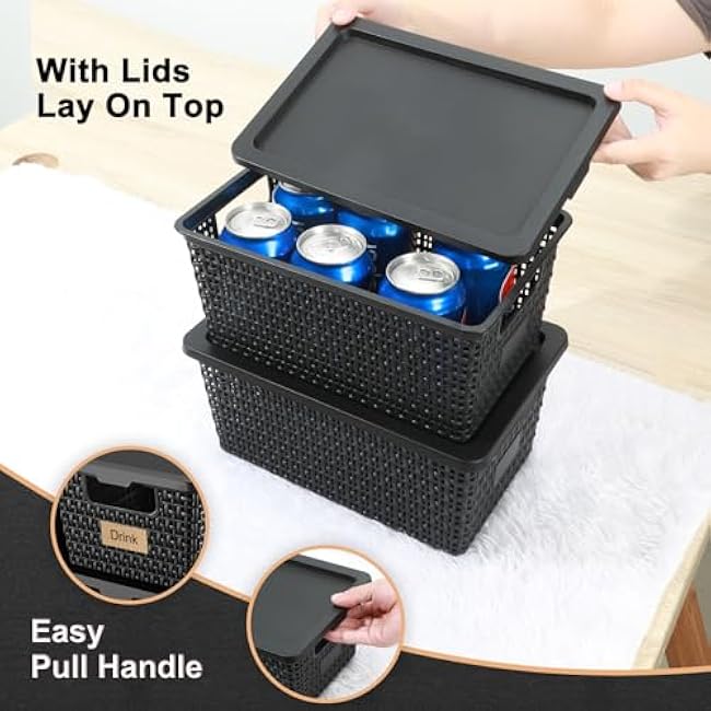 Plastic Storage Baskets with Lids ¨C Stackable Storage Bins with Lids for Pantry, Closet, Bedroom & Shelves | Durable Organization Box for Home,Office & Classroom Storage Oganizer, 6 Pack, Black