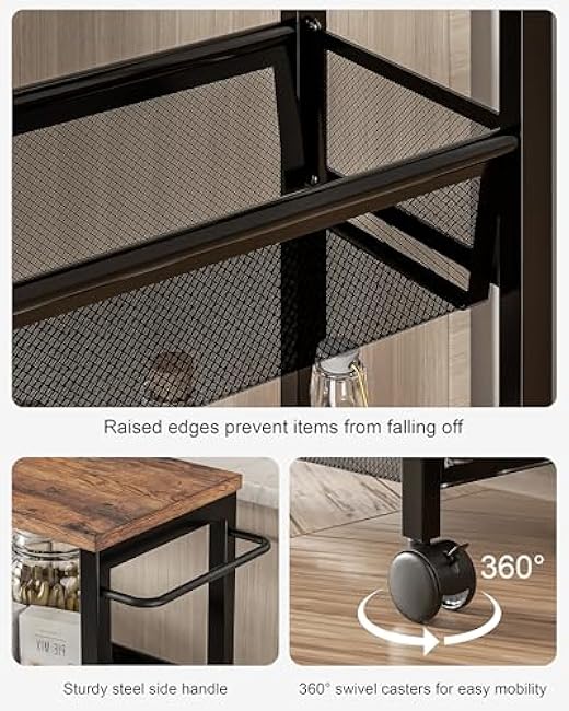 VECELO 4 Tier Slim Rolling Cart Organizer, Rolling Carts On Wheels with Storage, Sturdy Metal Frame Narrow Cart with Handle, Space Saving for Kitchen, Bathroom, Laundry, Rustic Brown-ehI8PDar