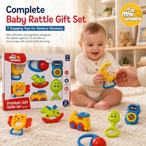Image of Mini Wonders Baby Rattle Set of 7 | Newborn Rattle Gift Set for Boys & Girls | Safe & Colorful Infant Toys for Early Learning & Sensory Play | Ideal Gift Pack for 0-12 Months Babies