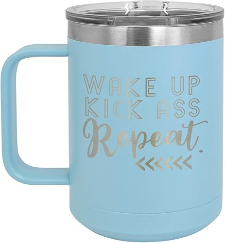 ONLYGIFTS.COM - Taza de café con tapa deslizante (13.0fl oz), diseño con texto en inglés "WAKE UP KICK ASS REPEAT", Azul claro disponible en Yaxa Peru