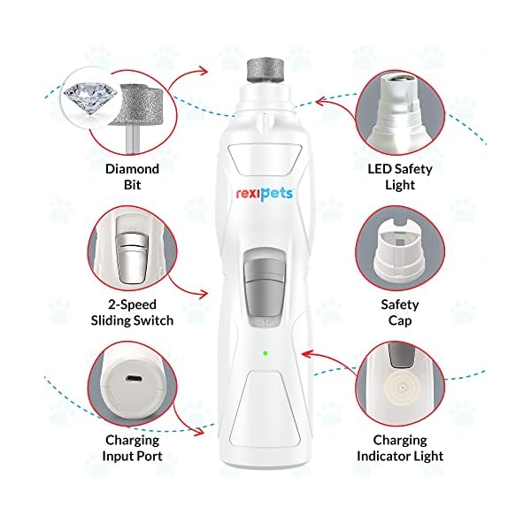 Rexipets cat and dog nail grinder - rechargeable electric pet nail clipper & trimmer- painless paws grooming - quiet 2-speed motor. 3 size ports for small, medium, large pets- up to 4 hours of charge - image 3