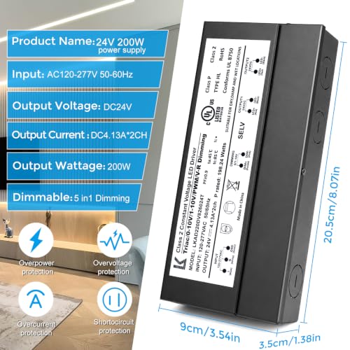 Image of 24V 200W Dimmable LED Driver, 5-in-1 Triac /ELV /MLV /0-10V /1-10V /PWM /V-R Dimming AC to DC Power Supply, IP67 Waterproof LED Transformer, UL Listed, Compatible with Lutron & Leviton Dimmer