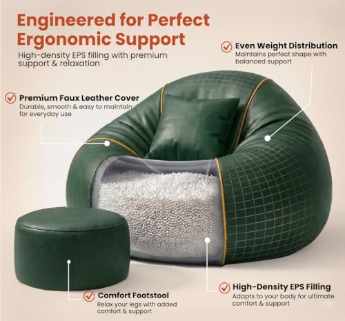 Image of Sattva Piping 3XL Sofa Style Bean Bag Chair with Beans Filled | Faux Leather Bin Bags Sofa Combo with Footstool & Cushion | Large Beanbags for Adults, Teens & Home - Dark Green with Yellow Piping