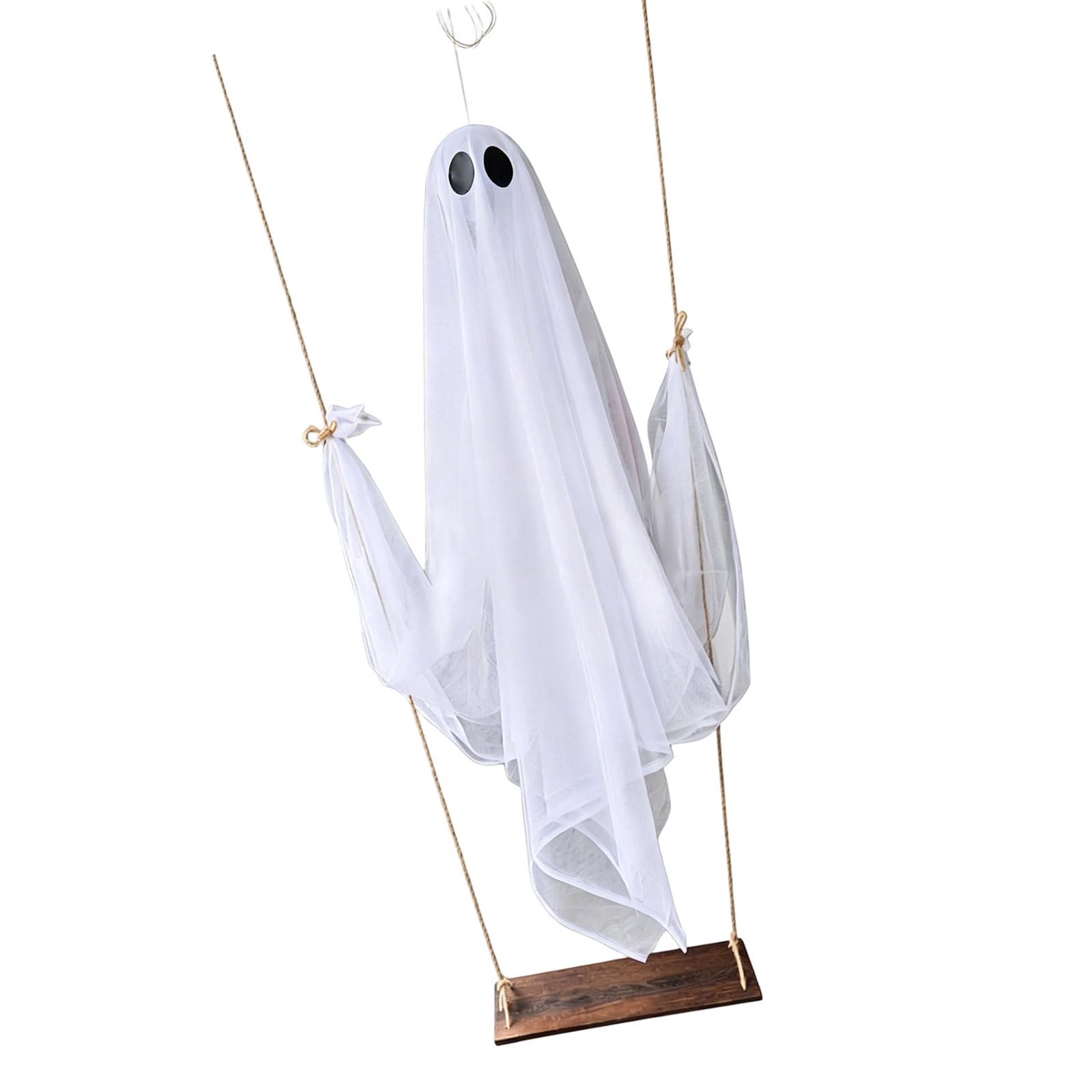 Mekalero White Gauze Specter On Wooden Swing Suitable For Seasonal And Themed Party Decoration Hanging Ornament Halloween Manifestation Swing Decoration
