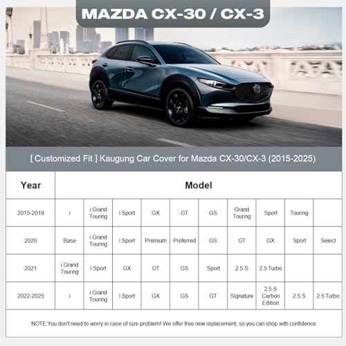 Image of Kaugung Car Cover Custom Fit for Mazda CX-30 CX30 CX3 CX-3(2015-2025), 6 Layers Waterproof All Weather for Automobiles Full Exterior Cover Rain Sun Snow Protector with Door Zipper. Silver