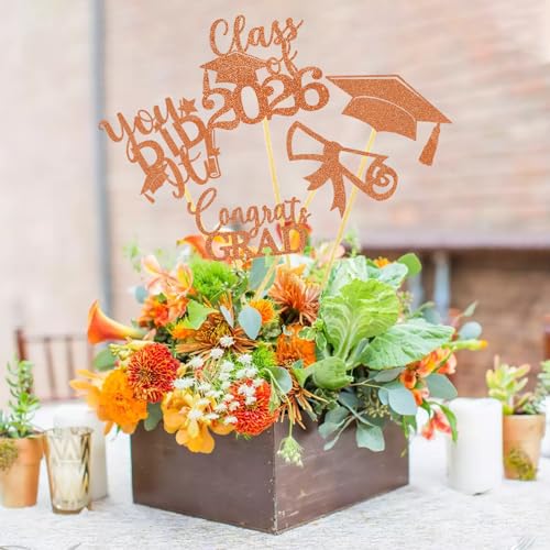Image of Graduation Centerpiece Sticks 24PCS Glitter Grad Picks Party Table Decor Senior High School College Sign Orange