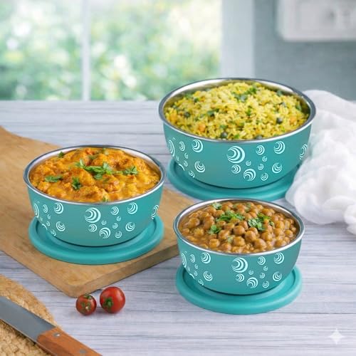 Image of Microwave Safe Stainless Steel Food Storage Container with Lid | Euro Mixing Bowl Set for Kitchen | 500ml, 800ml, 1250ml | Pack of 3(Classic Turq. Spiral)