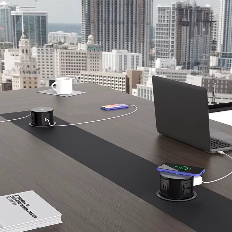 Image of Audiovan Vertical Pop Up socket Pneumatic Countertop 3 Power+ 1HDMI 1LAN RJ45 1USB A+C charge 18 watt 15 Wt Fast Wireless charge Kitchen Counter Conference Box VMP-28