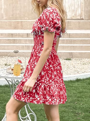 Image of Imily Bela Womens Summer Dress Ruffle Sleeve Sqaure Neck Smocked Sun Dress Casual Boho Beach Floral Mini Dress