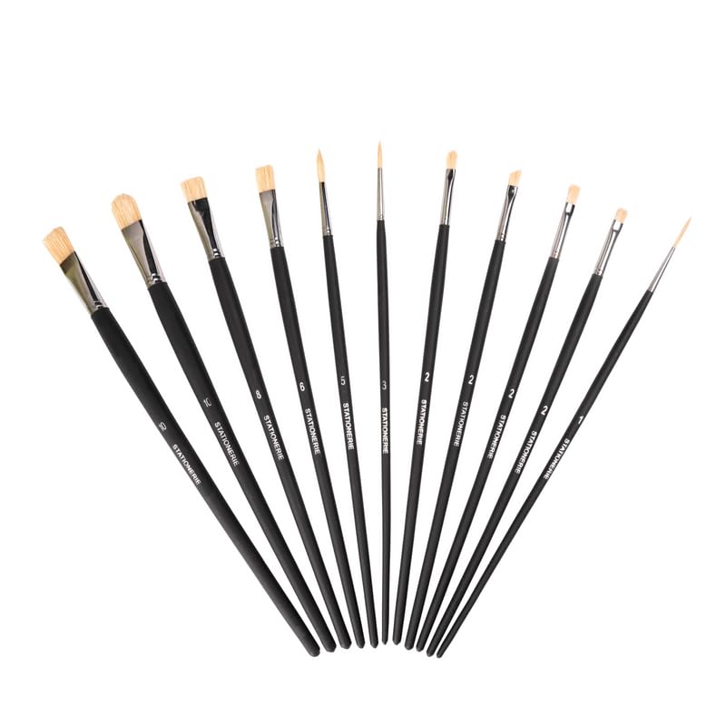 Image of Stationerie Hog Paint Brush Set of 11 (Mix Paintbrush Set of 11) - Long Handle Artist Paintbrushes with Natural Hair for Oil Painting & Mixed Media (Black)