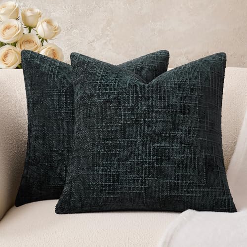 GriNeed Throw Pillow Covers Black Set of 2 18x18 Inch Pillow Covers, Soft Chenille Neutral Decorative Pillowcases for Couch Sofa Bed Living Room, Home Boho Decor, Modern Farmhouse Cushion Covers