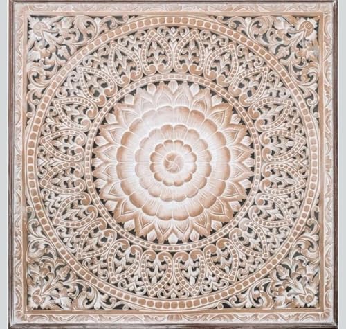 Image of ROYAL TRADERS Hand Carved Wooden Mandala Wall Panel | Vintage Floral Wall Art | Decorative Wooden Wall Hanging | Boho Home Decor Panel Large Wall Decor Panel, Wooden Carving Wall Hanging (OFF WHITE & BLUE)