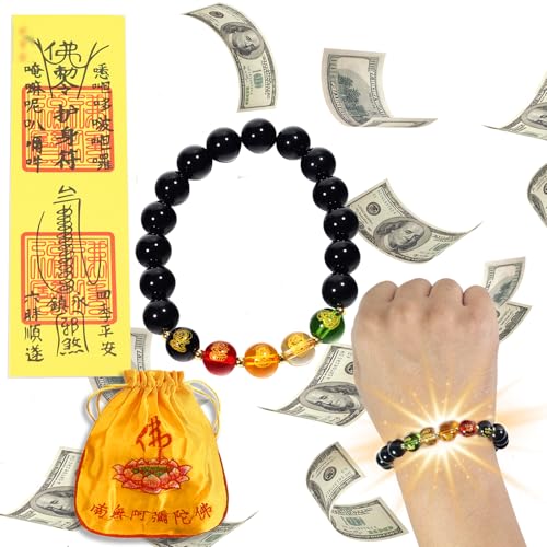 Black Obsidian Feng Shui Bracelet - Five Wealth Gods Design with Gold-Plated Spacers & Consecrated Spiritual Talisman - Unisex Meditation Mala for Prosperity, Fortune & Luck