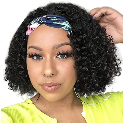 BestMal Curly Headband Wig 10 Inch Deep Wave Headband Wigs for Black Women Human Hair Wavy Wigs with Headband 150% Density Half Wigs Glueless None Lace Front Wigs Natural Black