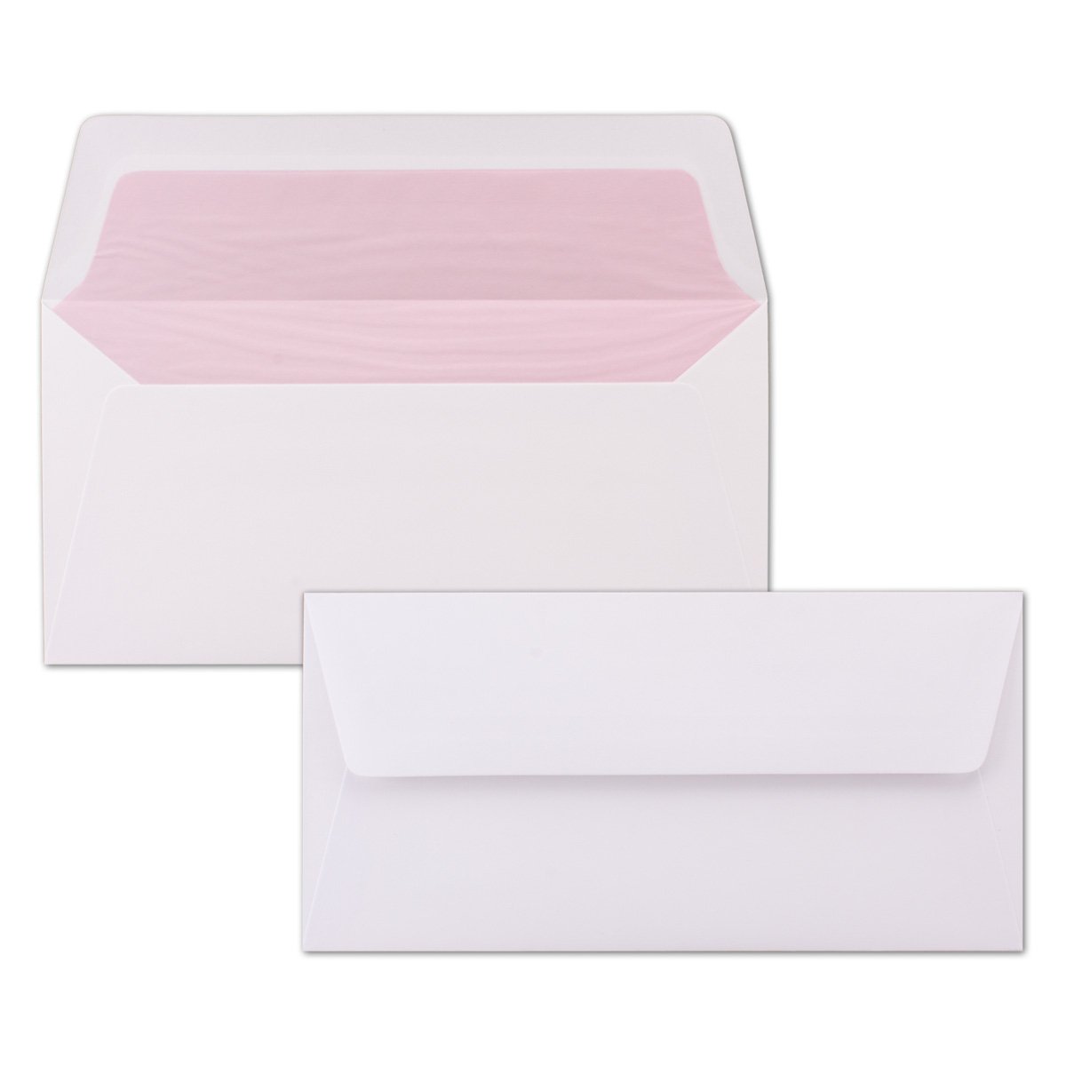 200 sobres blancos – DIN largo – forrado con papel de seda rosa – 100 g/m² – 22 x 11 cm – Pegamento húmedo – Marca de calidad: NEUSER PAPEL