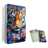 ETLKJVBL Deep Desktop Storage Tin Box, Tiger With Blue Eyes And Colorful Flowers 4.9'x3.5'x1.6' Rectangular Metal Organizer for Tea Bags, Stationery & Crafts, Multi-Purpose Decorative Bin with Lid