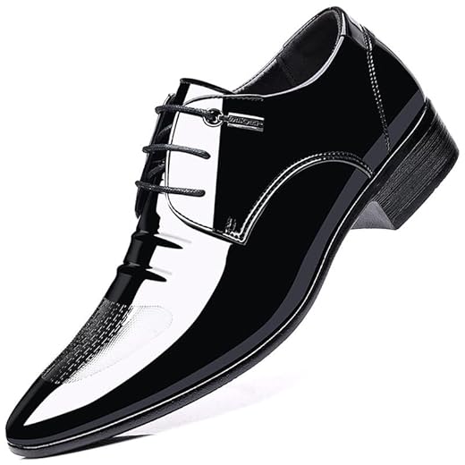 Sapato social masculino de couro sintético envernizado com glitter para smoking Derby moderno com cadarço formal Oxford, Preto, 38