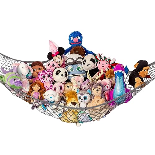 Image of Stuffed Animal Hammock, Large | Corner Stuffed Animal Storage & Plushie Net | Toy Hammock for Stuffed Animals | Holds 12lbs | Easy Hang, All Hardware Included | Gray Bedroom Decor | by Lilly's Love