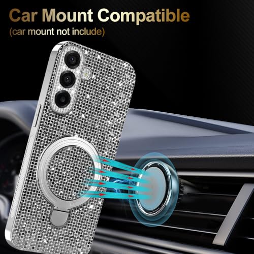 Asuwish Phone Case for Samsung Galaxy A26 5G Magnetic Cell Cover with Tempered Glass Screen Protector and Bling Glitter Heavy Duty Shockproof Protection Ring Hard Holder A 26 26A LTE Women Silver by Asuwish - Image 5