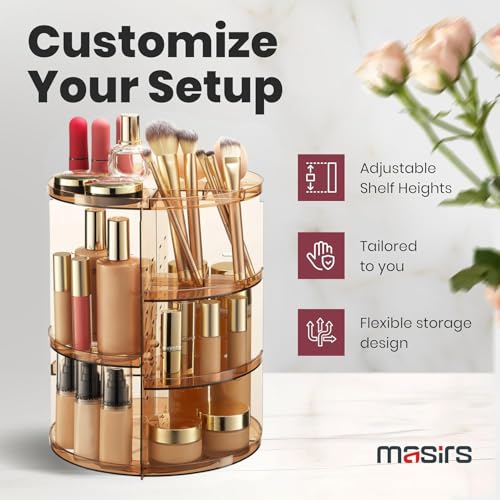 Image of Masirs 360 Rotating Makeup Organizer - Adjustable Shelf Height and Fully Rotatable - The Perfect Round Spinning Cosmetic Organizer for Bedroom Dresser or Vanity Countertop Storage (Brown)