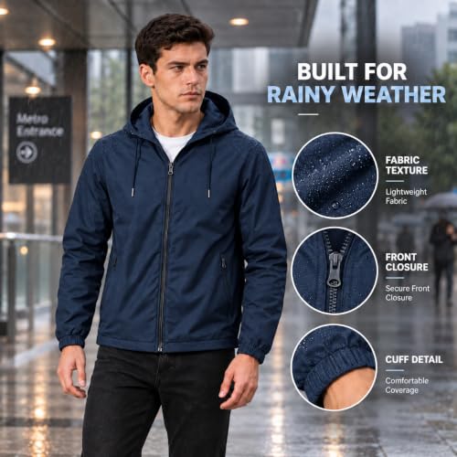 Image of MIA FASHION Men's Hooded Waterproof Rain Jacket Lightweight Wind Resistant Jacket with Zipper Pockets for Bike Riding, Travel & Outdoor Use