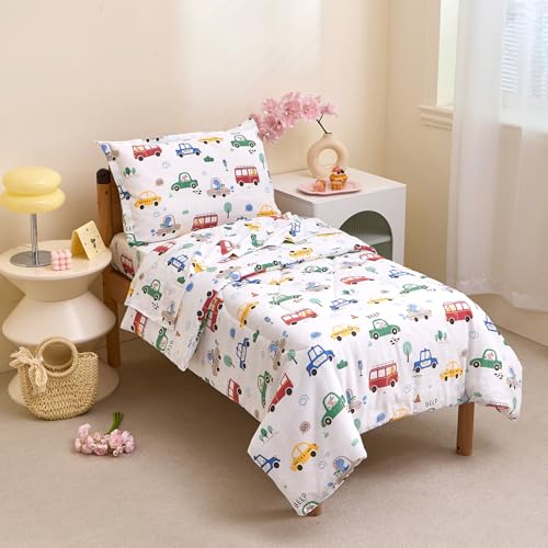 Image of Caressma White Cars 4 Pieces Toddler Bedding Set Bed-in-a-Bag Comforter