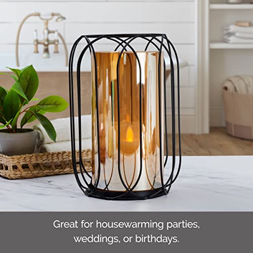 Image of Elements 6.89x6.89.10.43 Inch Black Metal Wire with Amber Glass Insert Votive Holder, for Use with Wax or Flameless Canlde