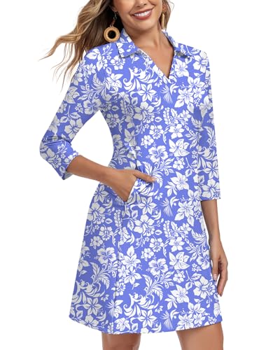 Image of WOWENY 3 /4 Sleeve Dress for Women with Pockets V Neck UPF 50+ Casual Sun Dress Breathable Quick Dry Beach Vacation