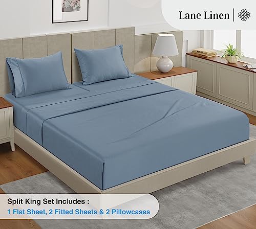 Image of LANE LINEN 100% Cotton 450 Thread Count Split King Sheets Set for Adjustable Beds, Sateen Weave Hotel Quality, Fully Elasticized Oeko Tex Certified Sustainably Produced Machine Washable - French Blue
