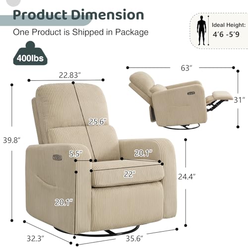 Image of Swivel Rocker Recliner, Oversized Power Recliner Nursery Glider with Removable Cushion, Upholstered Corduroy Swivel Reclining Chairs for Nursery Living Room Bedroom, Camel