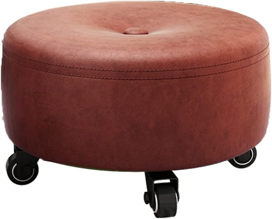 Round Low Rolling Stool with 360°Swivel Wheels,Movable Chair PU Leather Roller Seat Stool Chair,Rolling Seat Stool for Home Office Garage Shop Fitness Sport Yellow (Red)