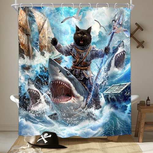 Image of Funny Cat Shower Curtain Kids Cool Pirate 72Wx72H Inch Decor