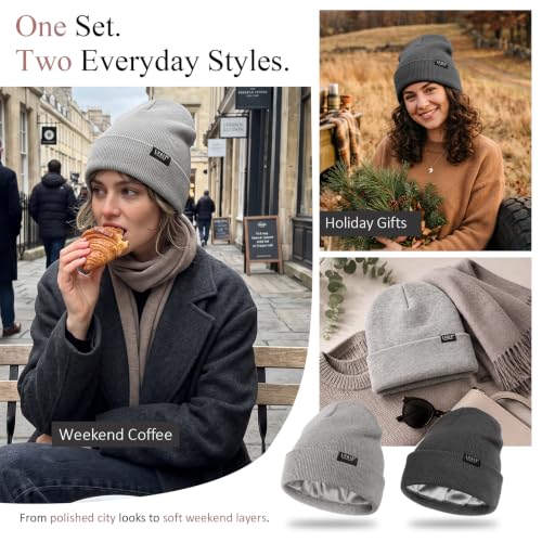 Image of 2 Pack Satin Lined Beanies for Men and Women Warm Cuffed Winter Hats | 60% cotton and 40% acrylic knit with smooth satin lining, stretch fit, cuffed ear coverage, and two-hat value for winter wear