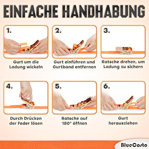 Premium-Ratschengurte – 4er-Pack, orange – 4 Meter Lange Zurrgurte mit Ratsche – Hochleistungs-Tragfähigkeit von 180 kg, Bruchfestigkeit von 540 kg