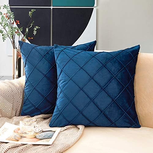 MERNETTE Pack of 2, Velvet Soft Decorative Square Plaid Throw Pillow Cover Cushion Covers Pillow case, Home Decor Decorations For Sofa Couch Bed Chair 18x18 Inch/45x45 cm (River Blue)